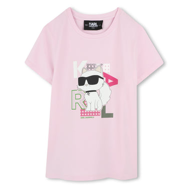 KARL LAGERFELD Playera para niña, rosa print choupette al frente